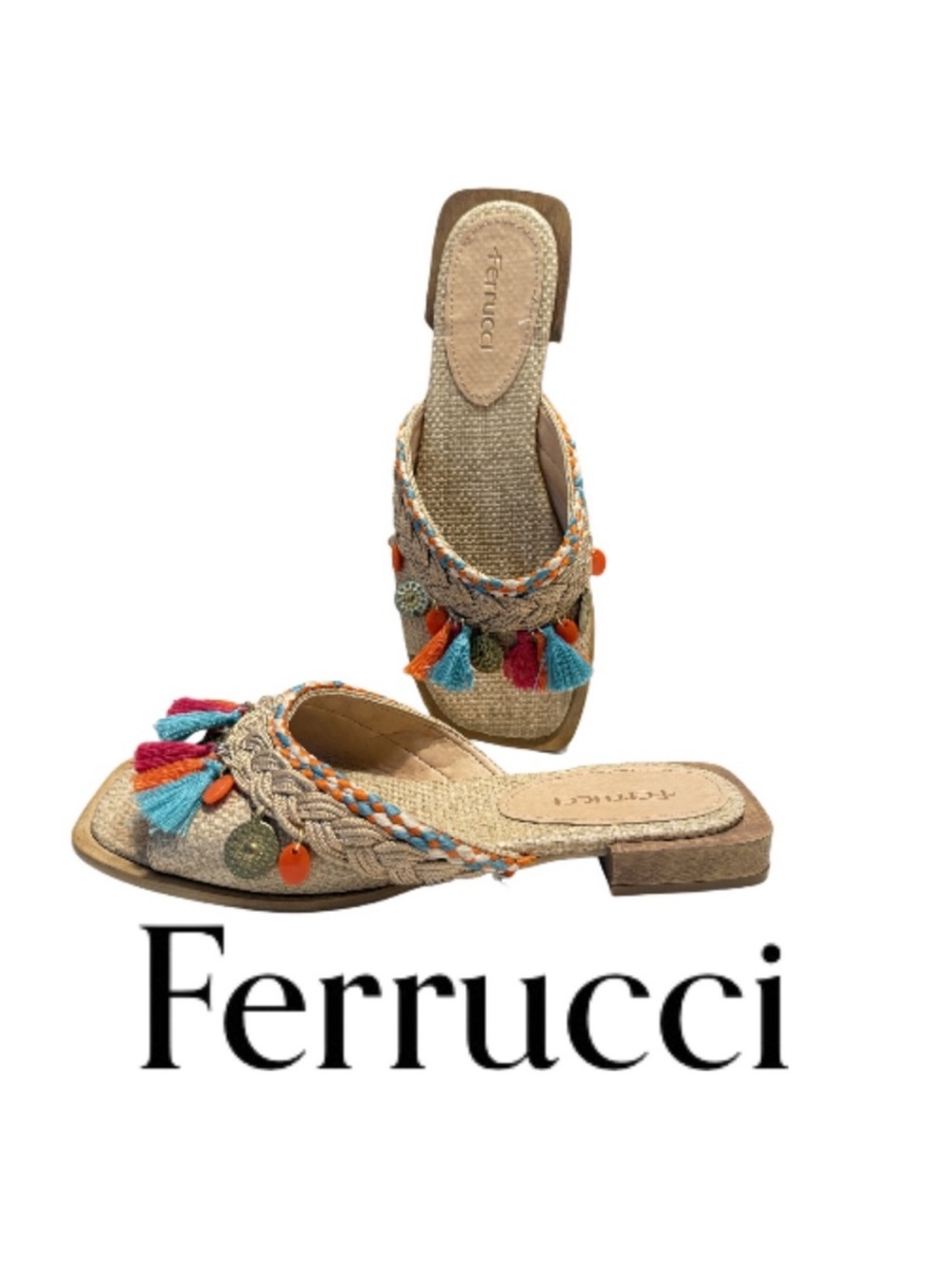 FERRUCCI | Sandals Slides Shoes Slippers Straw Coins 6B Summer Beach Vacation